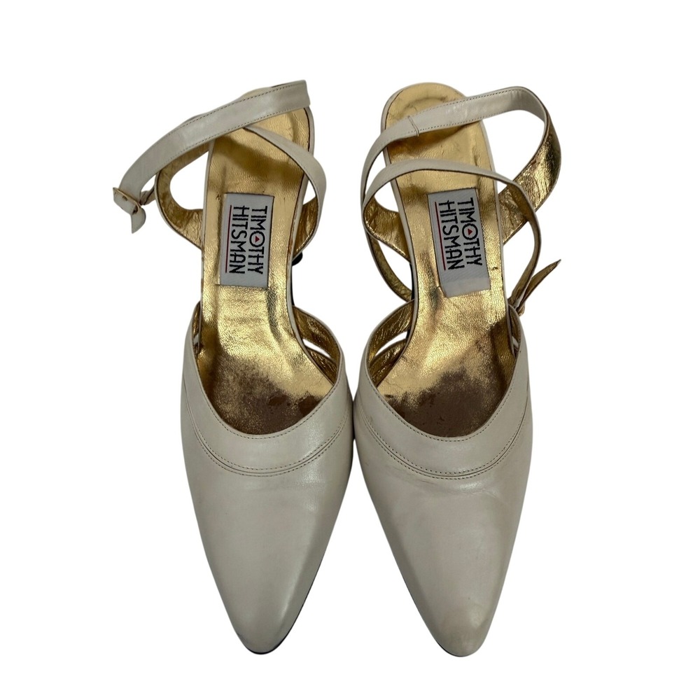 Timothy Hitsman White Leather Ankle Strap Pumps Gold Ball Statement Heel 8.5 M